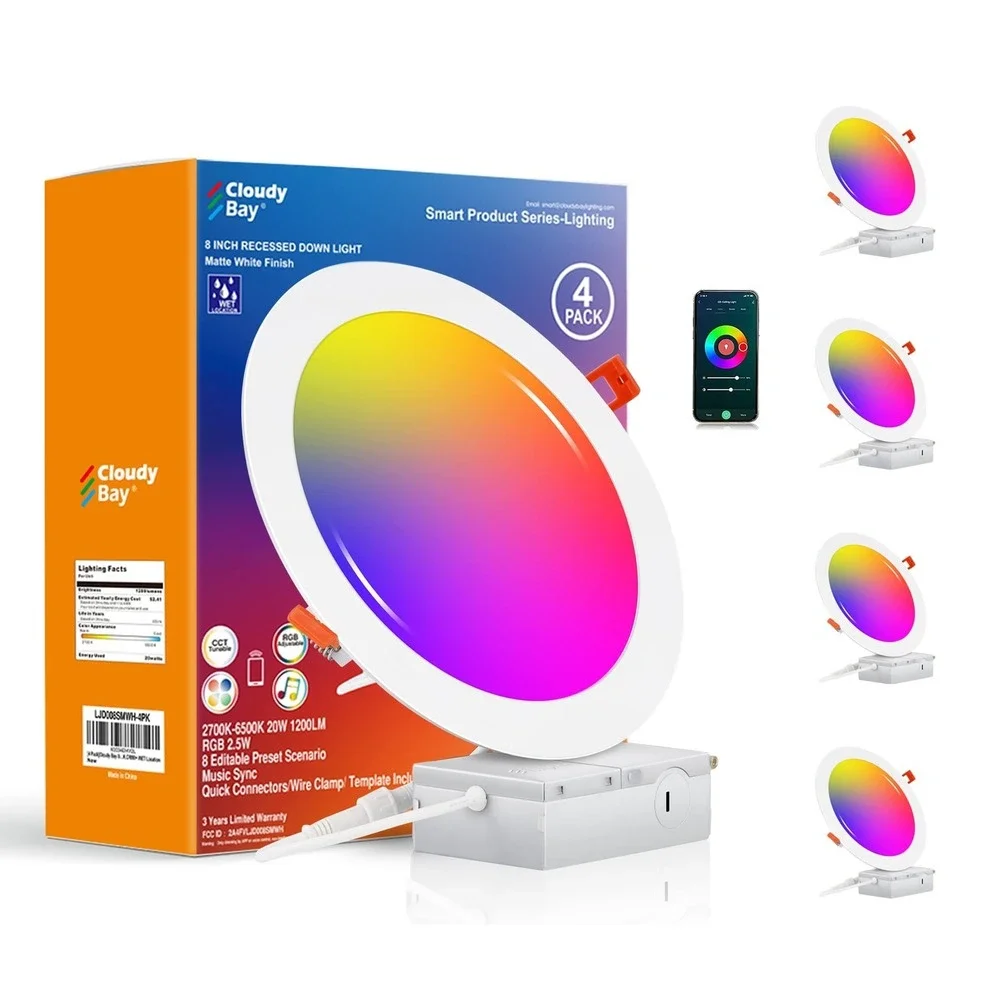 Cloudy Bay 8 Inch Smart WiFi LED Recessed Light 4 Pack 20W RGBCW Alexa Google